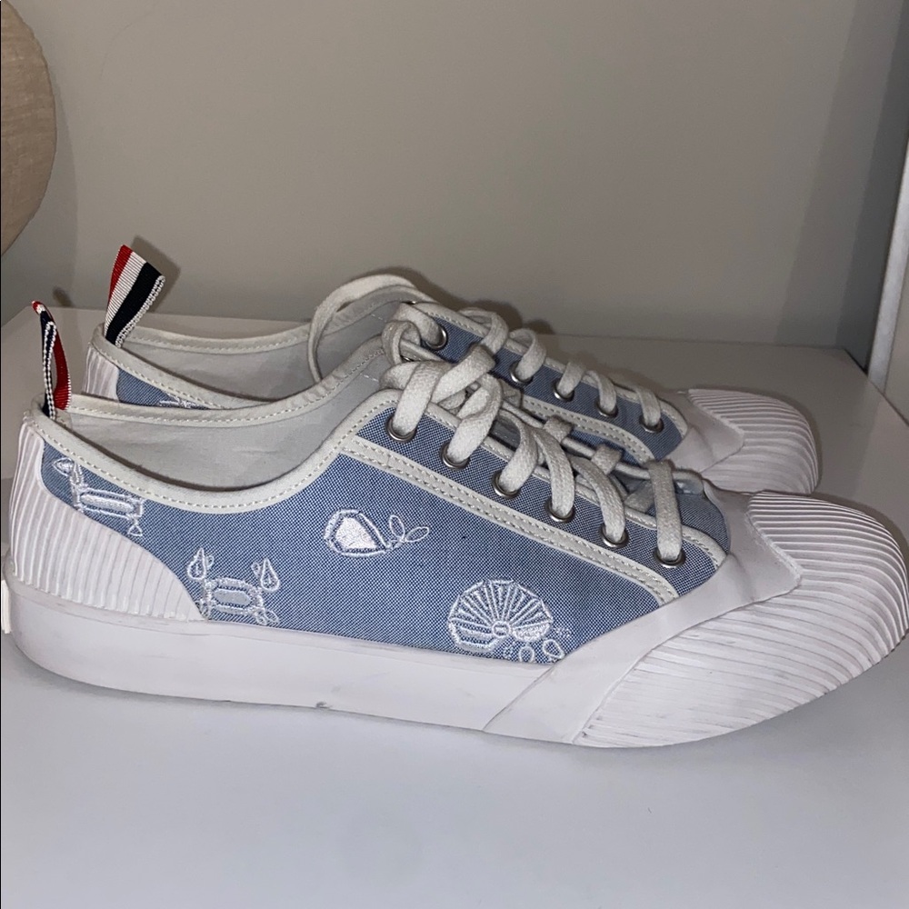 Thom Browne rubber sole blue Denim White Embroidered Sneakers nautical size 10